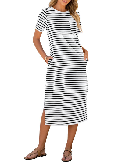 ANRABESS Womens Summer Casual Midi Dress Short Sleeve Crewneck T Shirt Long Dresses Split Stripe Beach Vacation Travel Outfit Small