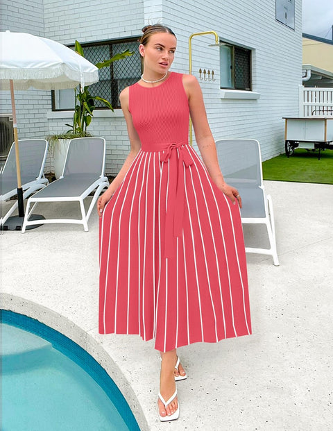 ZESICA Women's Summer Sleeveless Midi Dress 2025 Crewneck Ribbed Knit Tie Waist Casual A Line Swing Dresses