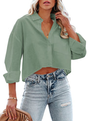 Tankaneo Womens Button Down Cropped Shirts Long Sleeve Casual Crop Tops Solid Lapel Blouse Shirt with Chest Pocket
