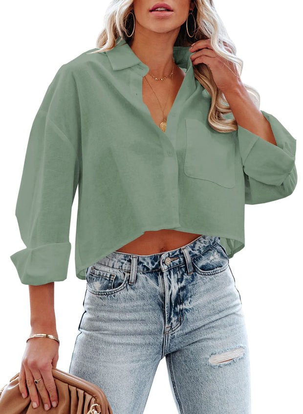 Tankaneo Womens Button Down Cropped Shirts Long Sleeve Casual Crop Tops Solid Lapel Blouse Shirt with Chest Pocket
