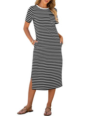 ANRABESS Womens Summer Casual Midi Dress Short Sleeve Crewneck T Shirt Long Dresses Split Stripe Beach Vacation Travel Outfit Small