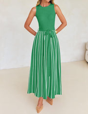 ZESICA Women's Summer Sleeveless Midi Dress 2025 Crewneck Ribbed Knit Tie Waist Casual A Line Swing Dresses