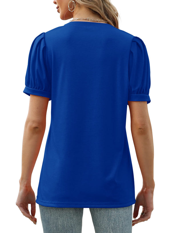 Geifa Womens Summer Tops Puff Short Sleeve V Neck T Shirts Loose Casual Tshirts