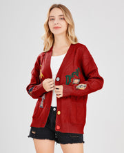 Women's Cable Knit Long Sleeve Open Front Cardigan Sheep V-Neck Button Down Embroidery Wool Blend Sweater Coat Outwear