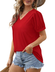 Geifa Womens Summer Tops Puff Short Sleeve V Neck T Shirts Loose Casual Tshirts