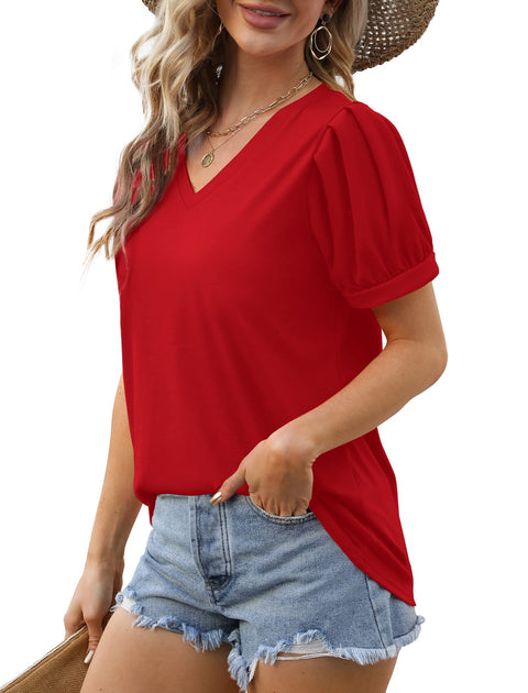 Geifa Womens Summer Tops Puff Short Sleeve V Neck T Shirts Loose Casual Tshirts