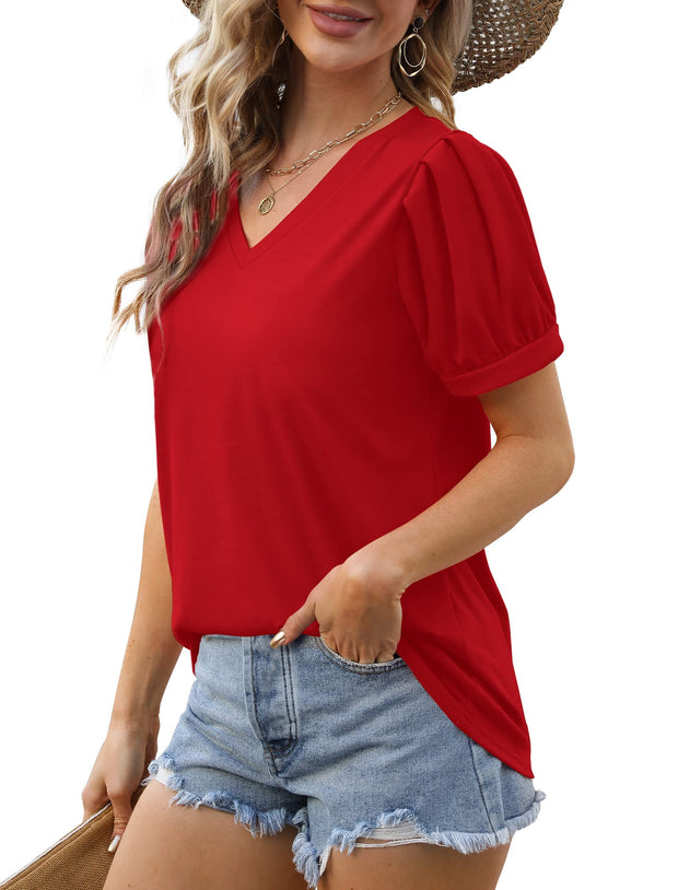 Geifa Womens Summer Tops Puff Short Sleeve V Neck T Shirts Loose Casual Tshirts