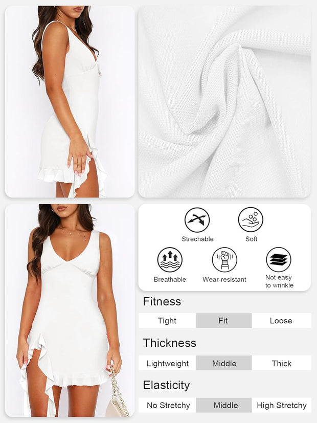 Women Sleeveless Sexy V Neck Bodycon Mini Dress Summer Side Slit Mesh Irregular Ruffle Hem Backless Short Dress