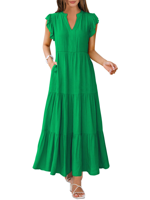 ANRABESS Womens Summer Casual Maxi Dress V Neck Ruffle Sleeve Long Dresses Fashion Flowy Tiered Boho Beach Vacation Sundress Black Large