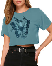 Womens Summer Crop Tops Short Sleeve Round Neck T-Shirts Loose Fit Casual Blouse