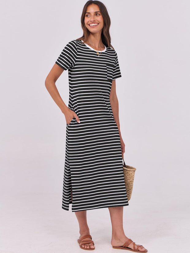 ANRABESS Womens Summer Casual Midi Dress Short Sleeve Crewneck T Shirt Long Dresses Split Stripe Beach Vacation Travel Outfit Small