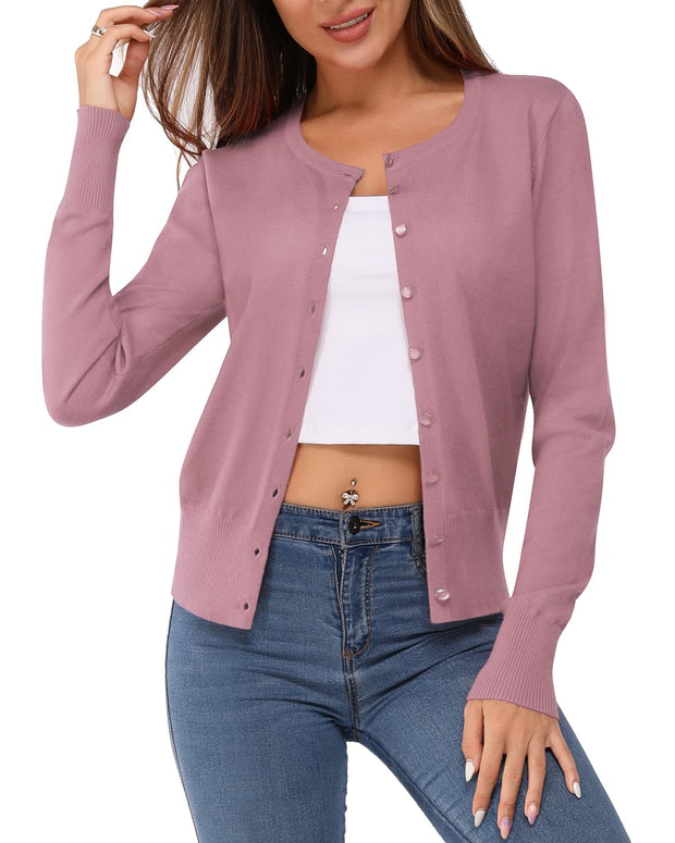 Newshows Women's Lightweight Button Down Cardigan Long Sleeve Casual Crew Neck Soft Knit Cardigans Sweater Tops