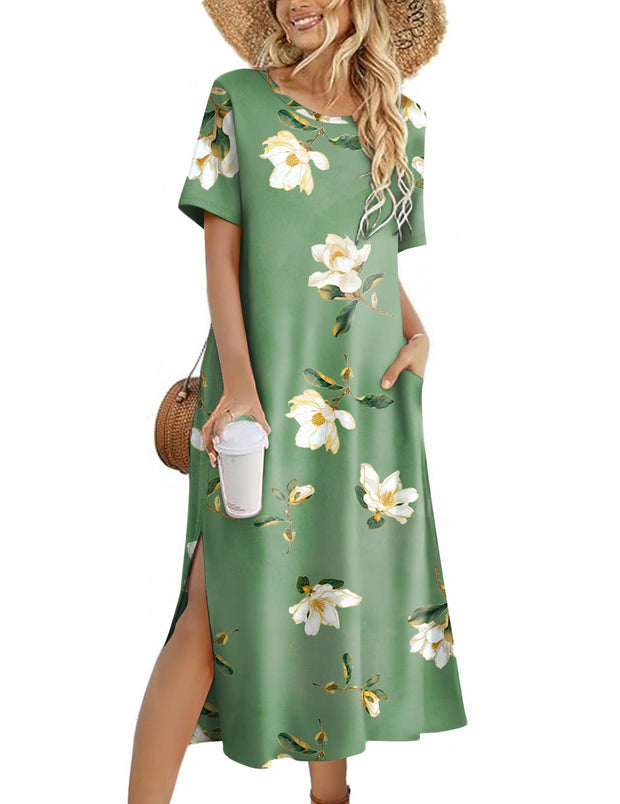 Zeagoo Women Long Sun Dress Summer T Shirt Dresses Beach Dress Casual Short Sleeve Tropical O Neck A Line Maxi Dresses Loose Side Slit Cover Up with Pockets 2025 Black XXL