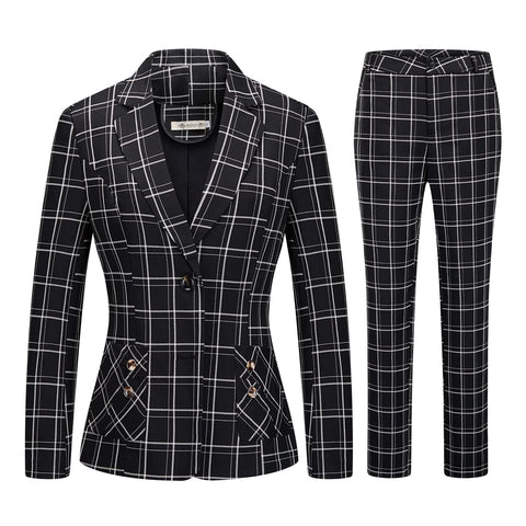 Womens 2 Piece Plaid Suits Set Business Office One Button Blazer Jacket Casual Long Sleeve Pant Suit Set