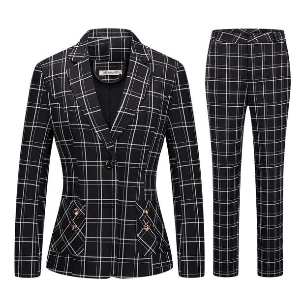 Womens 2 Piece Plaid Suits Set Business Office One Button Blazer Jacket Casual Long Sleeve Pant Suit Set
