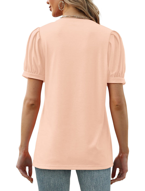 Geifa Womens Summer Tops Puff Short Sleeve V Neck T Shirts Loose Casual Tshirts