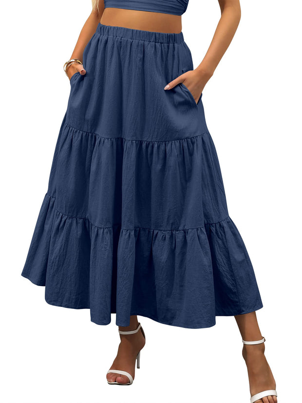 ANRABESS Women’s Summer Boho Flowy Swing Tiered A-Line Maxi Skirt 2025 Fashion Trendy Elastic Waist Pleated Long Beach Dress