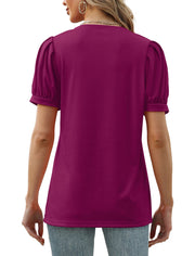 Geifa Womens Summer Tops Puff Short Sleeve V Neck T Shirts Loose Casual Tshirts