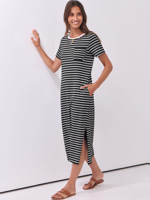 ANRABESS Womens Summer Casual Midi Dress Short Sleeve Crewneck T Shirt Long Dresses Split Stripe Beach Vacation Travel Outfit Small