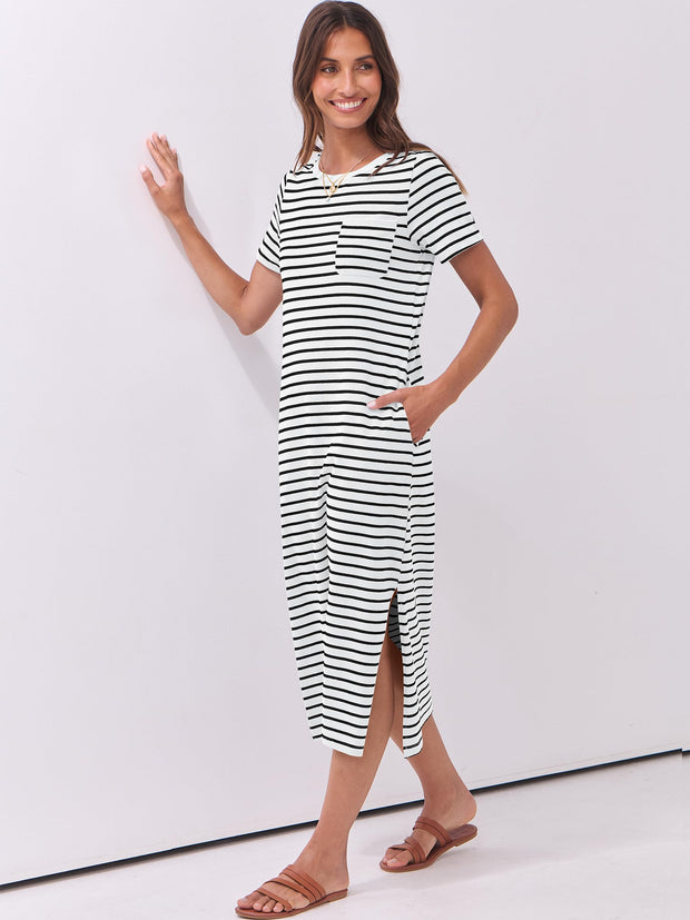 ANRABESS Womens Summer Casual Midi Dress Short Sleeve Crewneck T Shirt Long Dresses Split Stripe Beach Vacation Travel Outfit Small