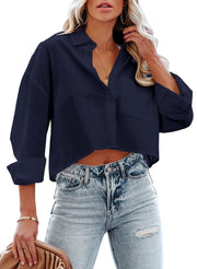 Tankaneo Womens Button Down Cropped Shirts Long Sleeve Casual Crop Tops Solid Lapel Blouse Shirt with Chest Pocket