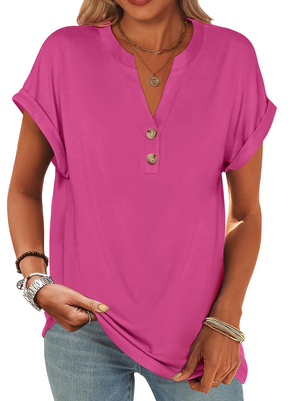 ANRABESS Womens Short Sleeve Henley Tops V Neck Dressy Casual Loose Fit Shirts Summer Flowy Blouses 2025 Trendy Clothes