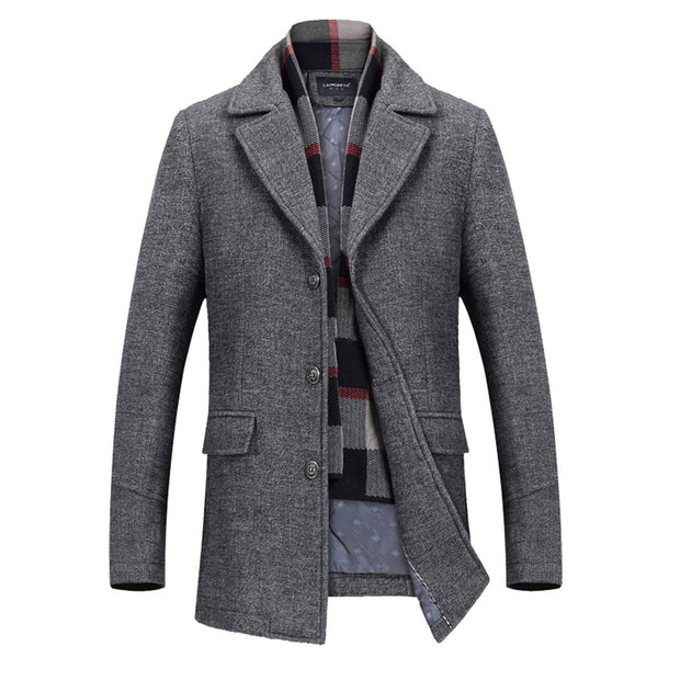 INVACHI Men's Wool Blend Pea Coat Warm Winter Trench Coat with Detachable Soft Scarf Single Breasted Overcoat