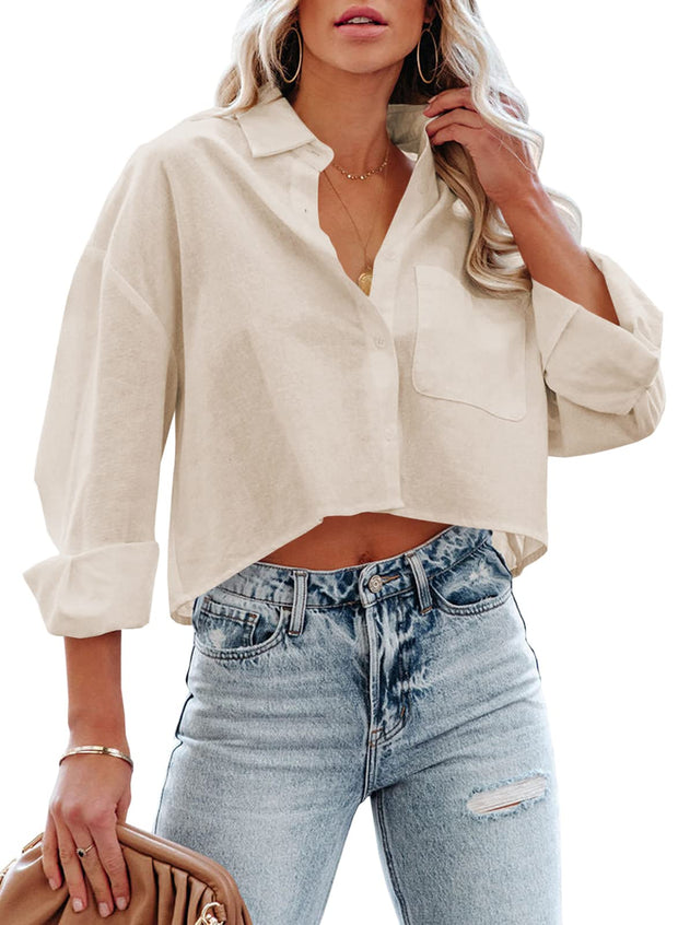 Tankaneo Womens Button Down Cropped Shirts Long Sleeve Casual Crop Tops Solid Lapel Blouse Shirt with Chest Pocket