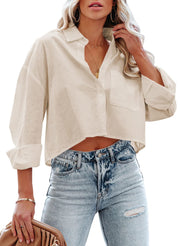 Tankaneo Womens Button Down Cropped Shirts Long Sleeve Casual Crop Tops Solid Lapel Blouse Shirt with Chest Pocket