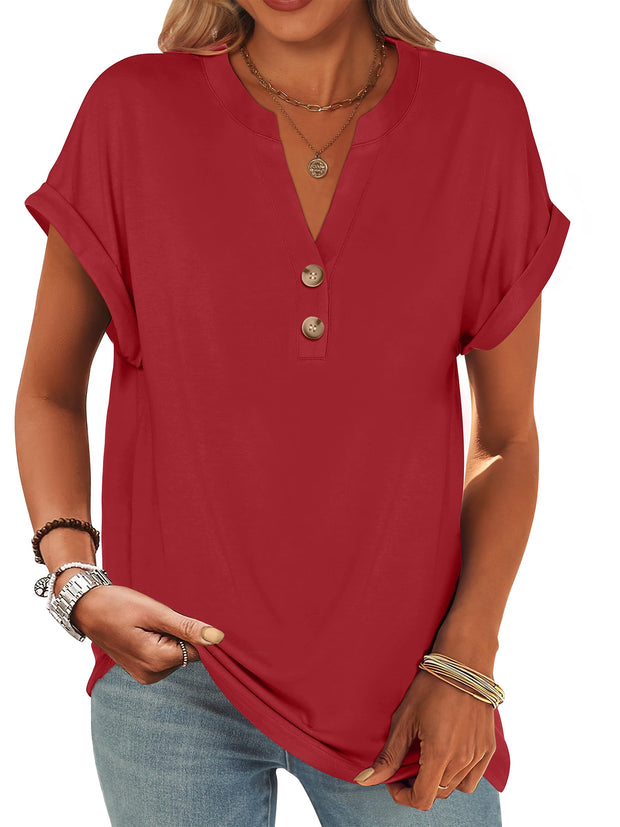 ANRABESS Womens Short Sleeve Henley Tops V Neck Dressy Casual Loose Fit Shirts Summer Flowy Blouses 2025 Trendy Clothes
