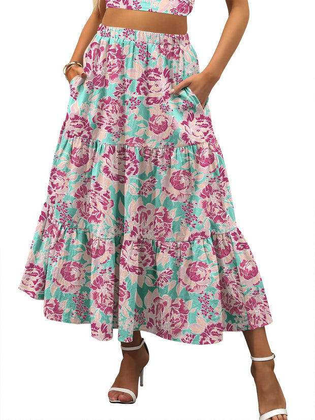 ANRABESS Women’s Summer Boho Flowy Swing Tiered A-Line Maxi Skirt 2025 Fashion Trendy Elastic Waist Pleated Long Beach Dress
