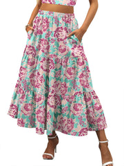 ANRABESS Women’s Summer Boho Flowy Swing Tiered A-Line Maxi Skirt 2025 Fashion Trendy Elastic Waist Pleated Long Beach Dress