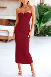 PRETTYGARDEN Women's Bodycon Long Dresses Summer Strapless Tube Twist Knot Front Ribbed Knit Maxi Cocktail Dress with Slit