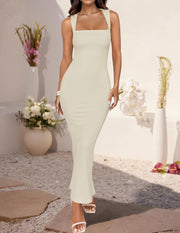 ZESICA Women's Summer Bodycon Midi Dress Sleeveless Square Neck Slim Fit Back Slit Long Cocktail Party Dresses