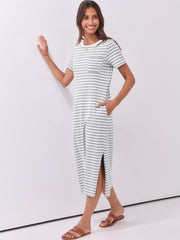 ANRABESS Womens Summer Casual Midi Dress Short Sleeve Crewneck T Shirt Long Dresses Split Stripe Beach Vacation Travel Outfit Small