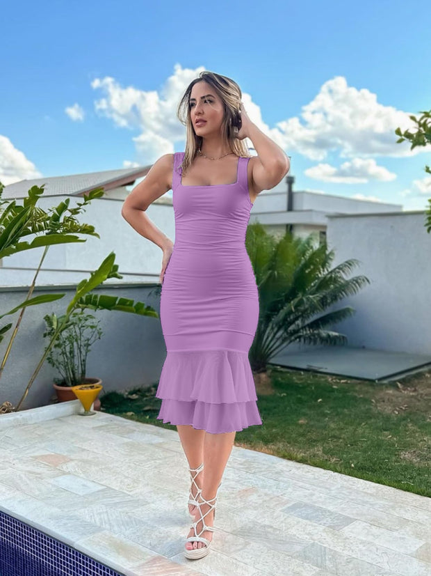 Kaximil Women's Sexy Bodycon Ruched Square Neck Midi Dresses Elegant Sleeveless Ruffle Cocktail Party Dress