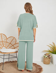 Tanming Sweater Sets Women 2 Piece Lounge Sets Short Sleeve Knit Pullover Tops Wide Leg Pants