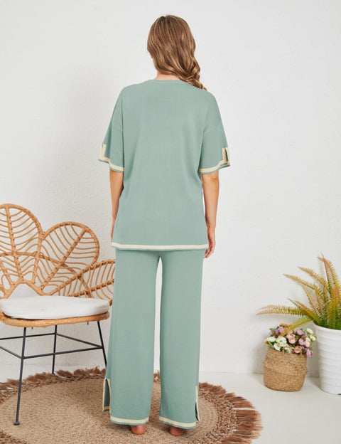 Tanming Sweater Sets Women 2 Piece Lounge Sets Short Sleeve Knit Pullover Tops Wide Leg Pants