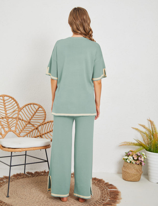 Tanming Sweater Sets Women 2 Piece Lounge Sets Short Sleeve Knit Pullover Tops Wide Leg Pants