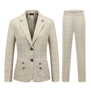 Womens 2 Piece Plaid Suits Set Business Office One Button Blazer Jacket Casual Long Sleeve Pant Suit Set
