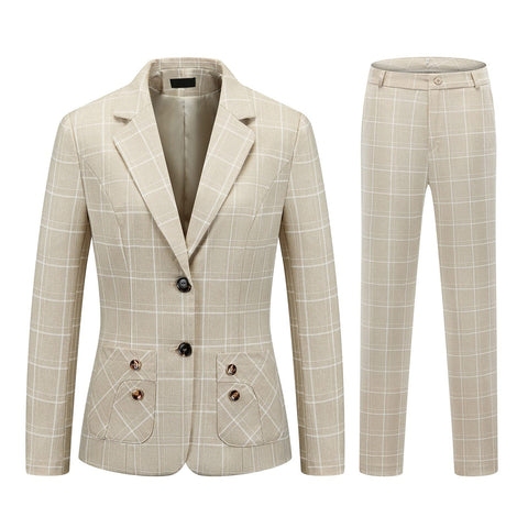 Womens 2 Piece Plaid Suits Set Business Office One Button Blazer Jacket Casual Long Sleeve Pant Suit Set