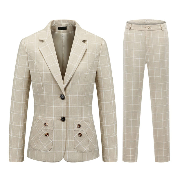 Womens 2 Piece Plaid Suits Set Business Office One Button Blazer Jacket Casual Long Sleeve Pant Suit Set