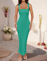 ZESICA Women's Summer Bodycon Midi Dress Sleeveless Square Neck Slim Fit Back Slit Long Cocktail Party Dresses