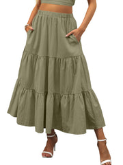 ANRABESS Women’s Summer Boho Flowy Swing Tiered A-Line Maxi Skirt 2025 Fashion Trendy Elastic Waist Pleated Long Beach Dress