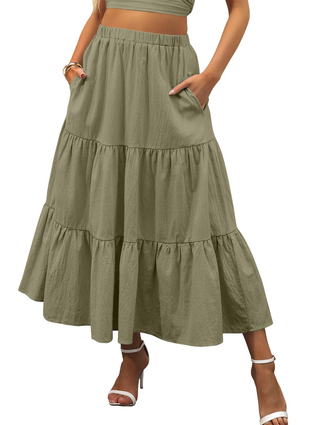 ANRABESS Women’s Summer Boho Flowy Swing Tiered A-Line Maxi Skirt 2025 Fashion Trendy Elastic Waist Pleated Long Beach Dress