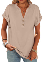 ANRABESS Womens Short Sleeve Henley Tops V Neck Dressy Casual Loose Fit Shirts Summer Flowy Blouses 2025 Trendy Clothes