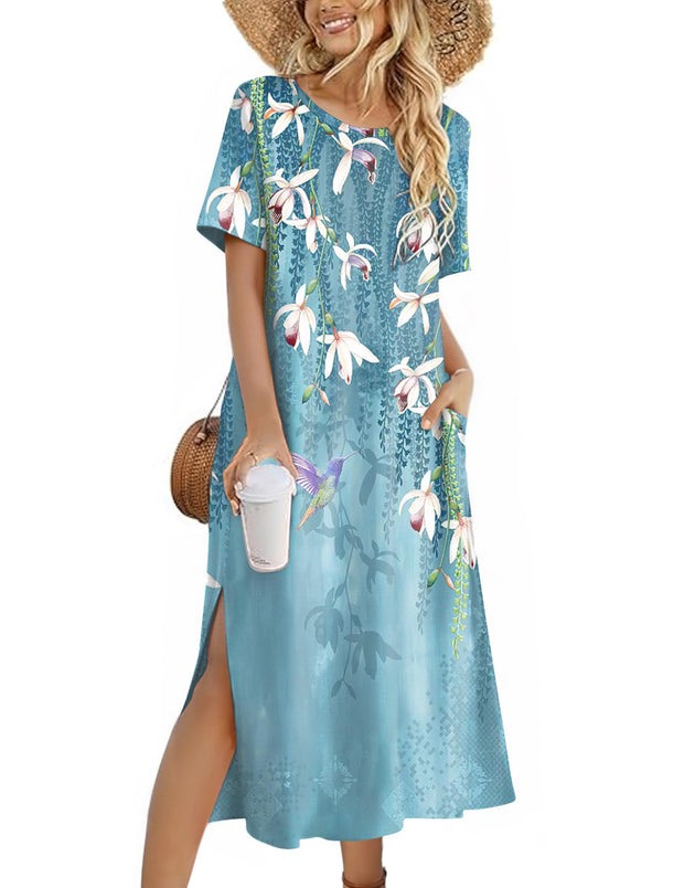 Zeagoo Women Long Sun Dress Summer T Shirt Dresses Beach Dress Casual Short Sleeve Tropical O Neck A Line Maxi Dresses Loose Side Slit Cover Up with Pockets 2025 Black XXL