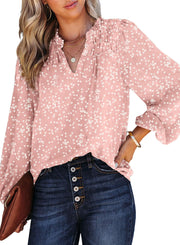 Dokotoo Women's Casual V Neck Alicia Floral Print Smocked Long Sleeve Chiffon Blouses Bohemian Top Shirts
