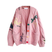 Women's Cable Knit Long Sleeve Open Front Cardigan Sheep V-Neck Button Down Embroidery Wool Blend Sweater Coat Outwear
