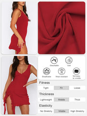 Women Sleeveless Sexy V Neck Bodycon Mini Dress Summer Side Slit Mesh Irregular Ruffle Hem Backless Short Dress